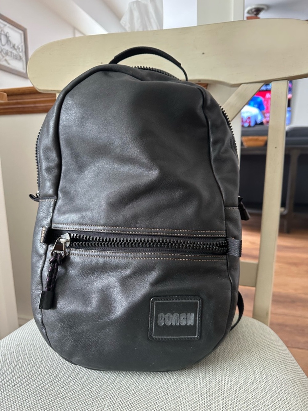 Coach Black Leather Mini Backpack with Front Zip Pocket